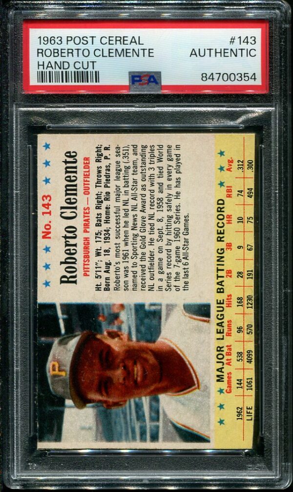 1963 Post Cereal Hand Cut #143 Roberto Clemente PSA Authentic Baseball Card