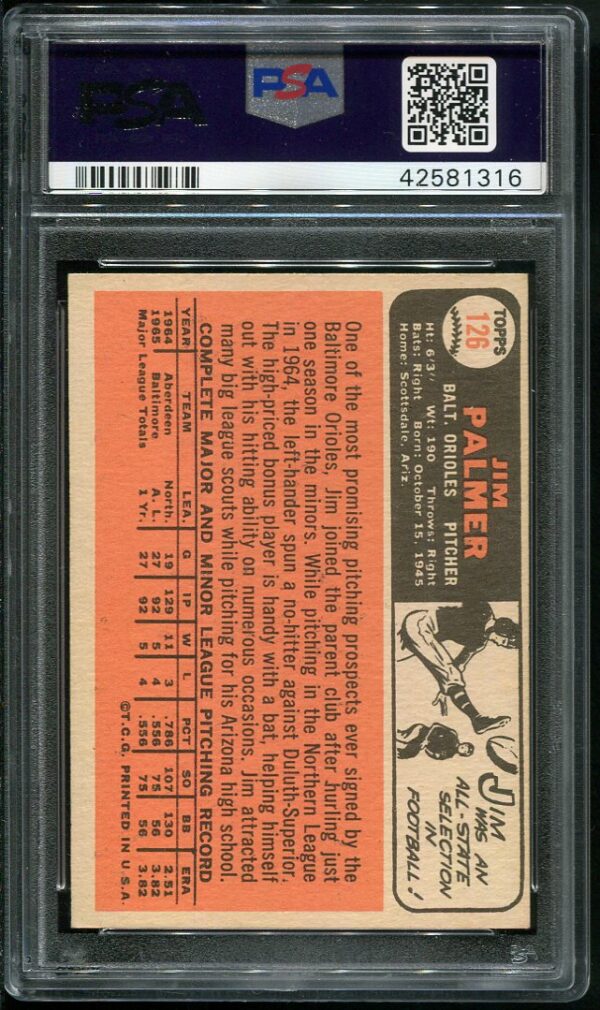 Authentic 1966 Topps #126 Jim Palmer PSA 6 Rookie Baseball Card