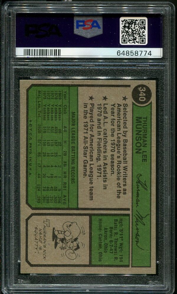 Authentic 1974 Topps #340 Thurman Munson PSA 7 Baseball Card