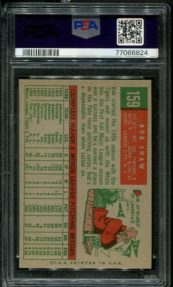 Authentic 1959 Topps #159 Bob Shaw PSA 6 Baseball Card