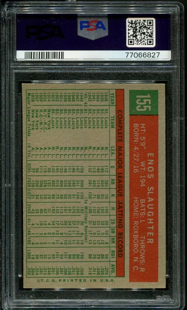 Authentic 1959 Topps #155 Enos Slaughter PSA 6 Baseball Card