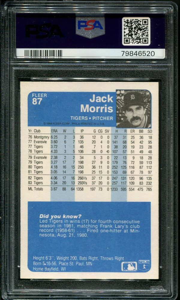 Authentic 1984 Fleer #87 Jack Morris PSA 10 Baseball Card