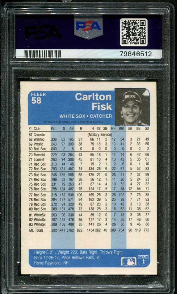 Authentic 1984 Fleer #58 Carlton Fisk PSA 9 Baseball Card