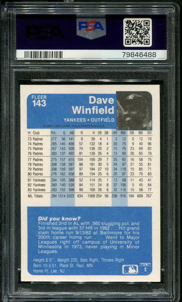 Authentic 1984 Fleer #143 Dave Winfield PSA 9 Baseball Card