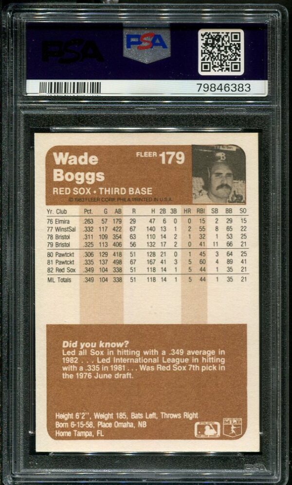 Authentic 1983 Fleer #179 Wade Boggs PSA 10 Rookie Baseball Card