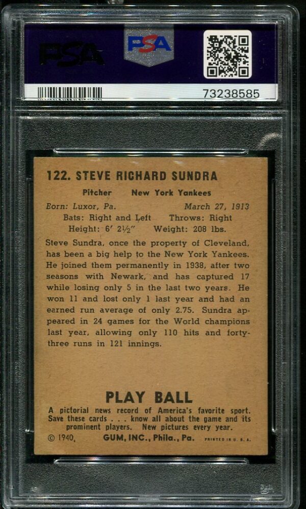 Authentic 1940 Play Ball #122 Sandy Sundra PSA 5 Baseball Card