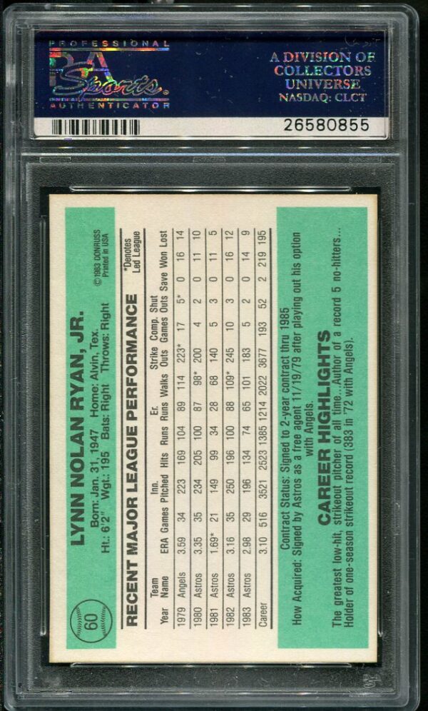 Authentic 1984 Donruss #60 Nolan Ryan PSA 10 Baseball Card