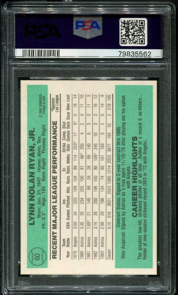 Authentic 1984 Donruss #60 Nolan Ryan PSA 9 Baseball Card