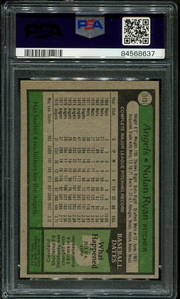 Authentic 1979 Topps #115 Nolan Ryan PSA 8 Baseball Card