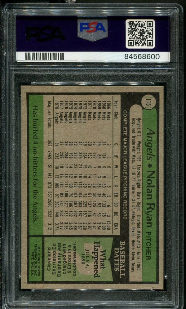 Authentic 1979 Topps #115 Nolan Ryan PSA 8 Baseball Card