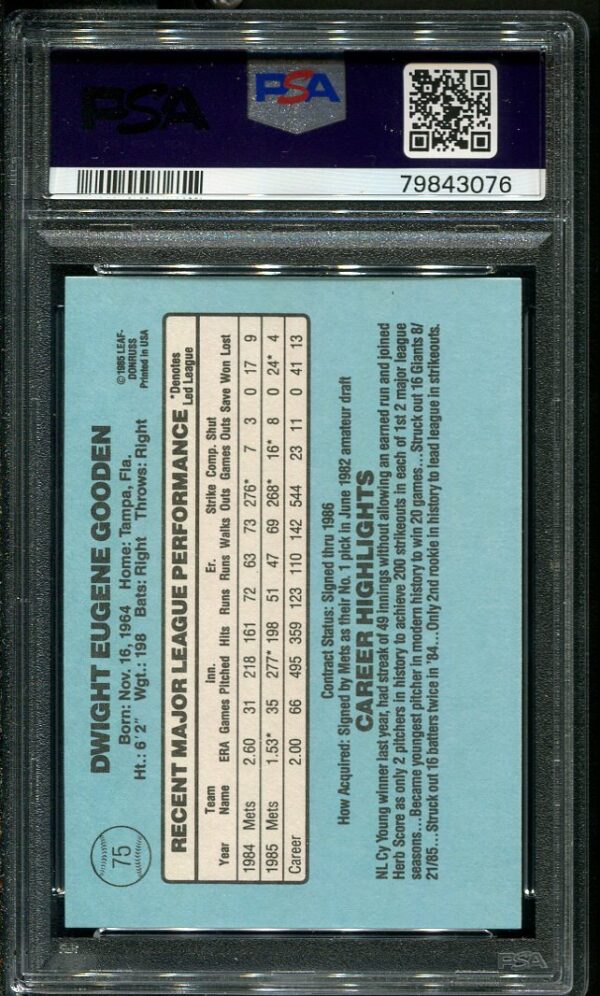 Authentic 1986 Donruss #75 Dwight Gooden PSA 10 Baseball Card -