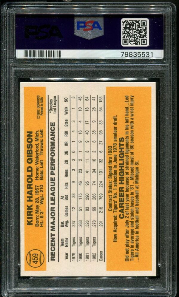 Authentic 1983 Donruss #459 Kirk Gibson PSA 10 Baseball Card