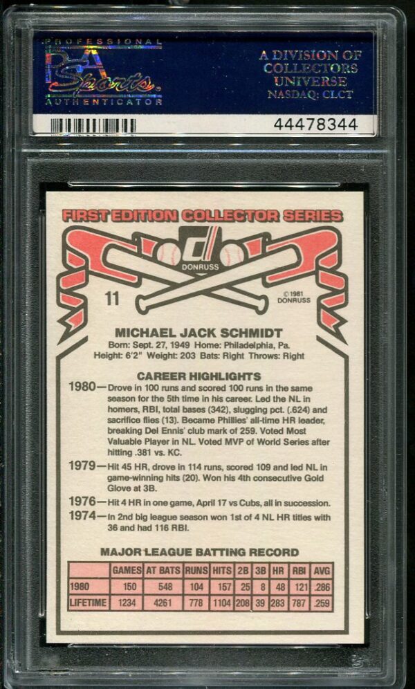 Authentic 1981 Donruss #11 Mike Schmidt PSA 10 Baseball Card