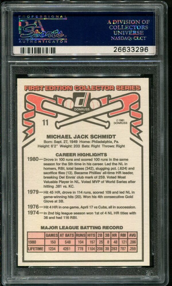 Authentic 1981 Donruss #11 Mike Schmidt PSA 10 Baseball Card