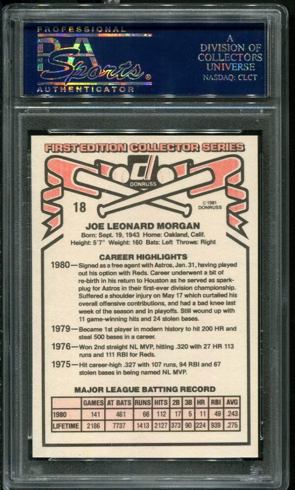 Authentic 1981 Donruss #18 Joe Morgan PSA 10 Baseball Card