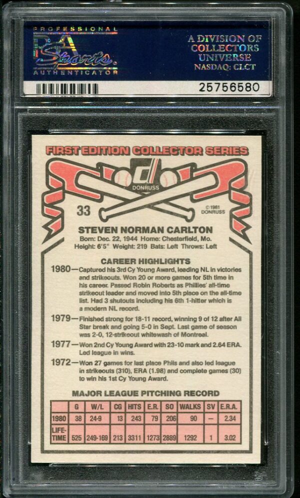 Authentic 1981 Donruss #33 Steve Carlton PSA 10 Baseball Card