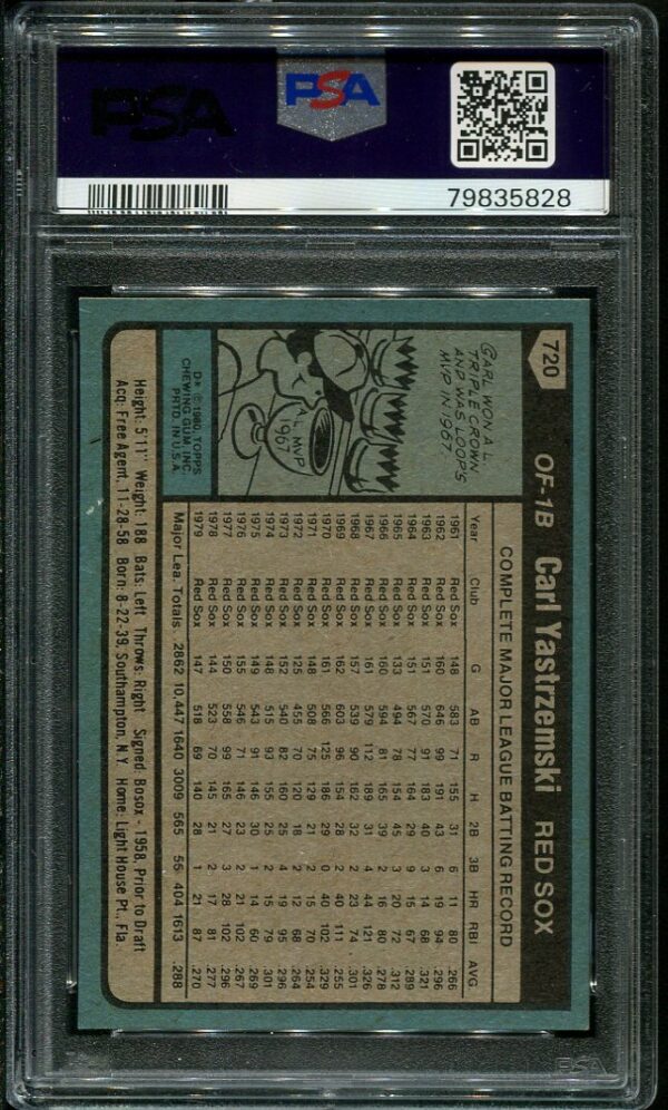 Authentic 1980 Topps #720 Carl Yastrzemski PSA 8 Baseball Card