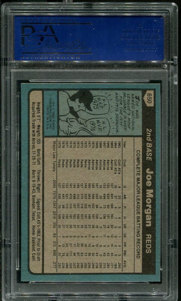 Authentic 1980 Topps #650 Joe Morgan PSA 10 Baseball Card