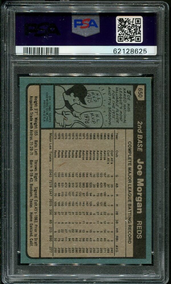 Authentic 1980 Topps #650 Joe Morgan PSA 10 Baseball Card