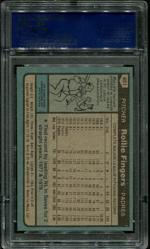 Authentic 1980 Topps #651 Rollie Fingers PSA 10 Baseball Card