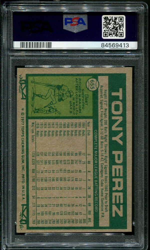 Authentic 1977 Topps #655 Tony Perez PSA 8 Baseball Card