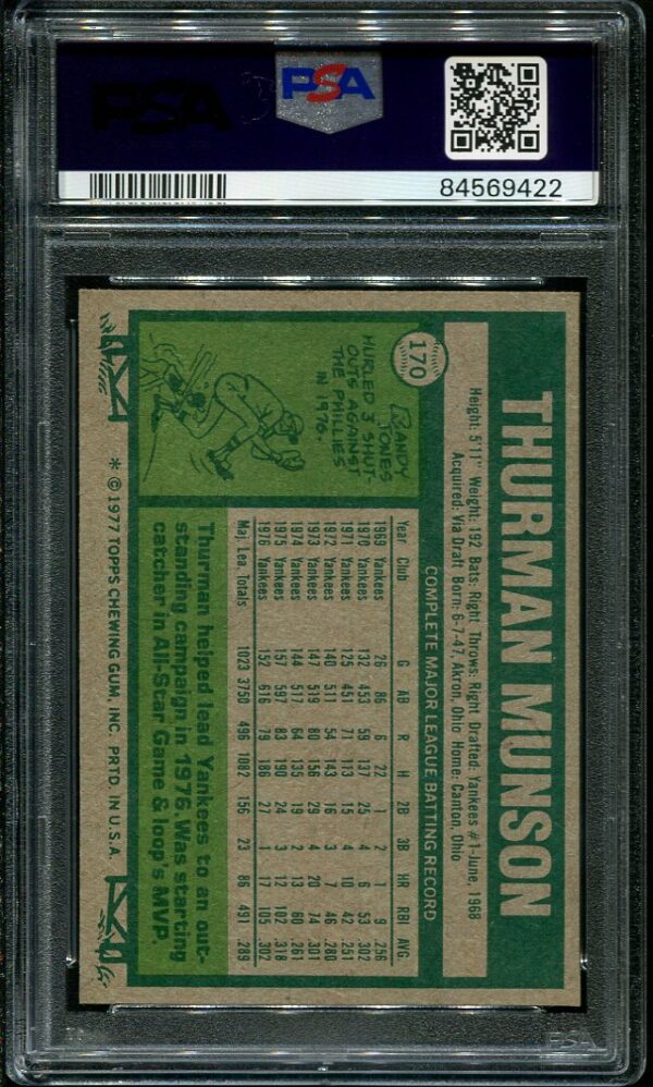 Authentic 1977 Topps #170 Thurman Munson PSA 9 Baseball Card