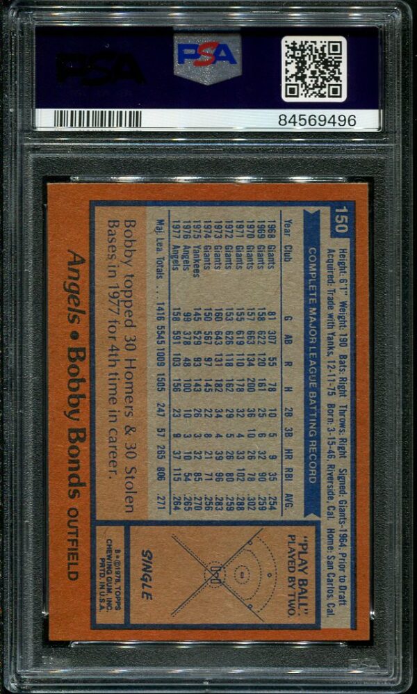 Authentic 1978 Topps #150 Bobby Bonds PSA 8 Baseball Card