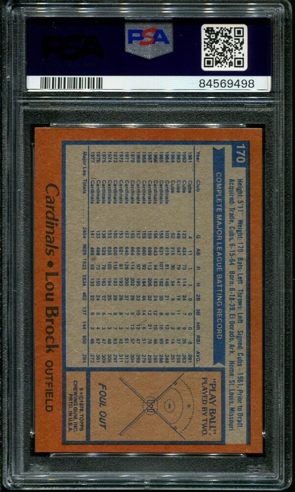 Authentic 1978 Topps #170 Lou Brock PSA 8 Baseball Card