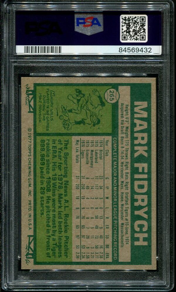 Authentic 1977 Topps #265 Mark Fidrych PSA 8 Rookie Baseball Card