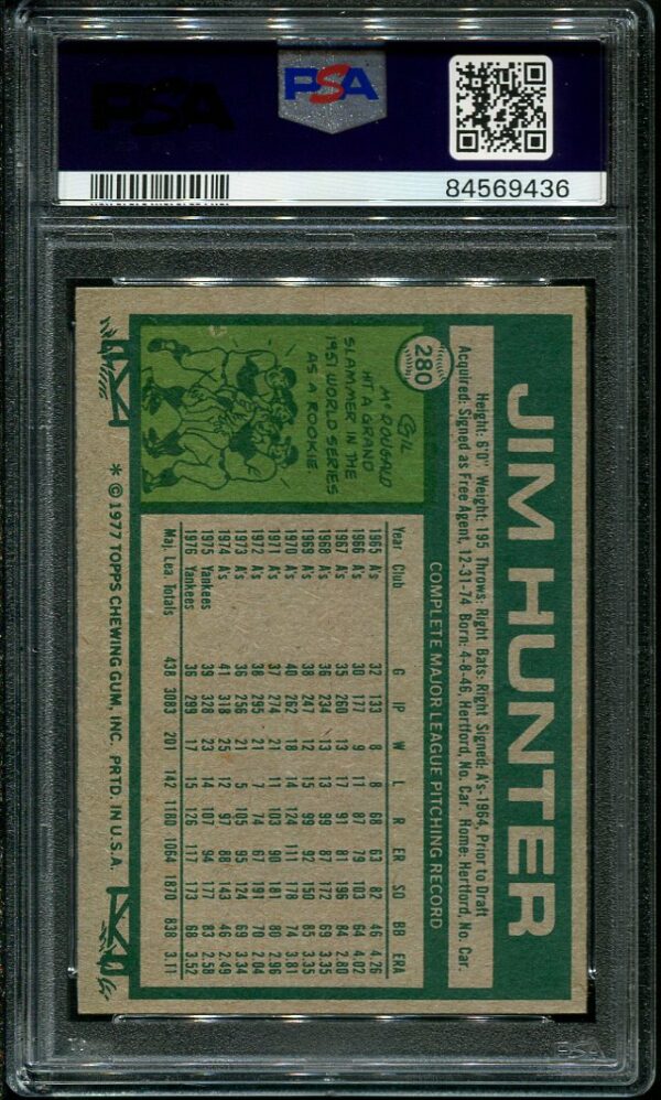 Authentic 1977 Topps #280 Jim "Catfish" Hunter PSA 8 Baseball Card