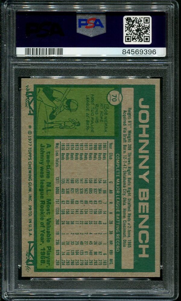 Authentic 1977 Topps #70 Johnny Bench PSA 9 Baseball Card