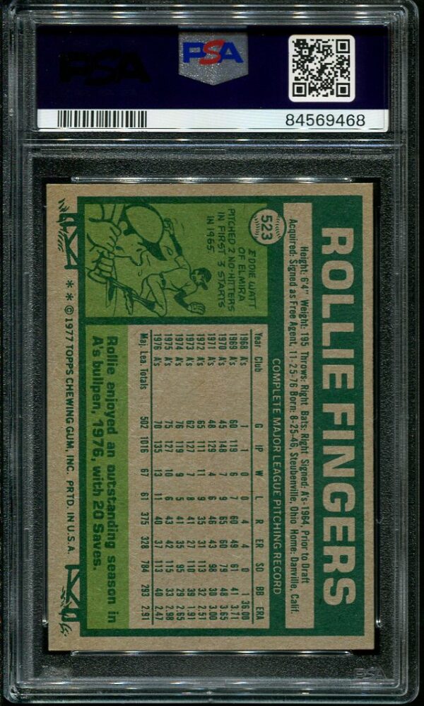 Authentic 1977 Topps #523 Rollie Fingers PSA 8 Baseball Card