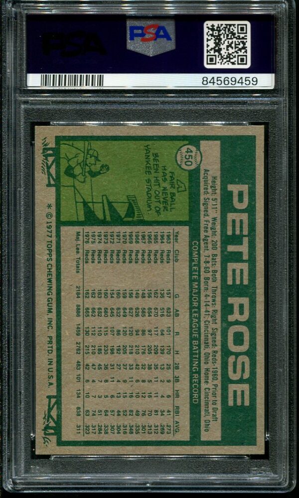 Authentic 1977 Topps #450 Pete Rose PSA 8 Baseball Card