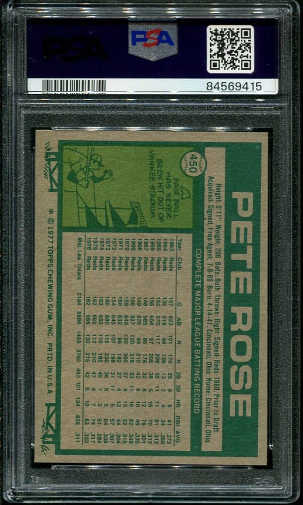 Authentic 1977 Topps #450 Pete Rose PSA 8 Baseball Card