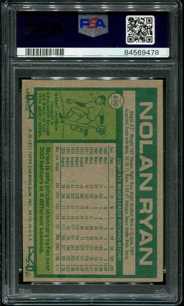 Authentic 1977 Topps #650 Nolan Ryan PSA 7 Baseball Card