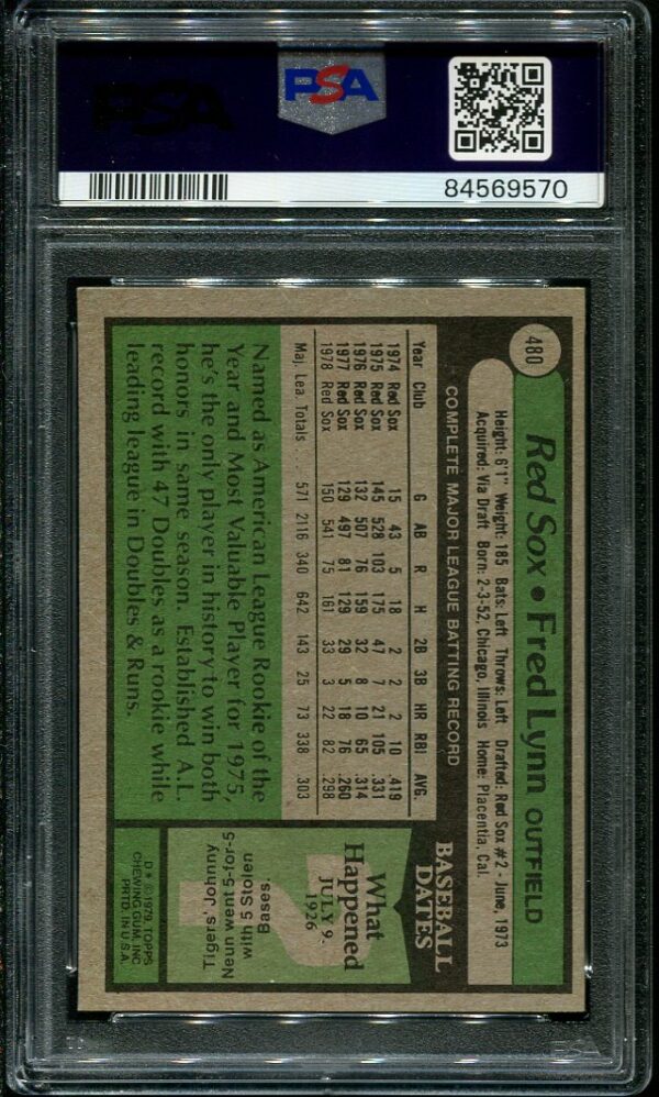 Authentic 1979 Topps #480 Fred Lynn PSA 8 Baseball Card