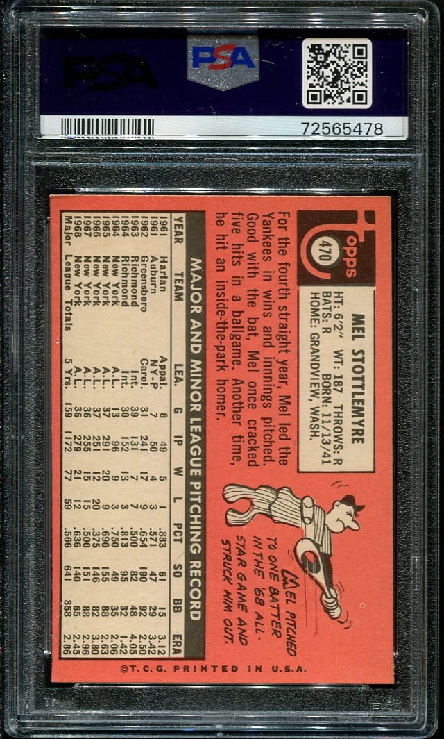 1969 Topps #470 Mel Stottlemyre (Last Name In Yellow) PSA 8 (72565478 ...