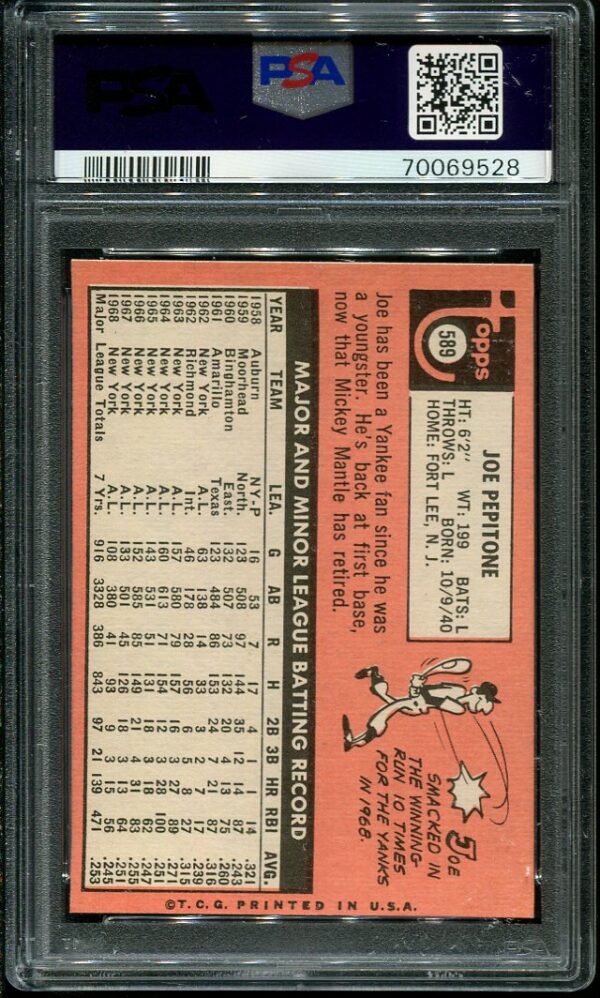 Authentic 1969 Topps #589 Joe Pepitone PSA 7 Baseball Card