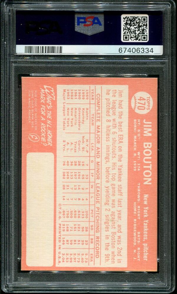 Authentic 1964 Topps #470 Jim Bouton PSA 7 Baseball Card