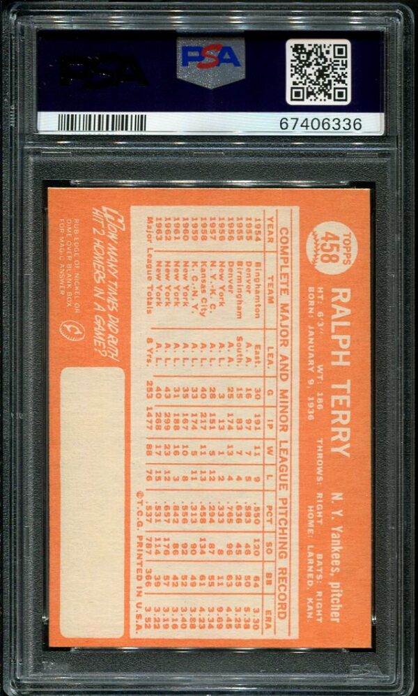 Authentic 1964 Topps #458 Ralph Terry PSA 7 Baseball Card