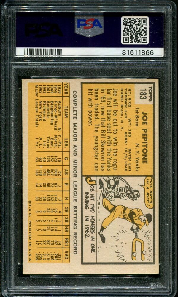 Authentic 1963 Topps #183 Joe Pepitone PSA 7.5 Baseball Card