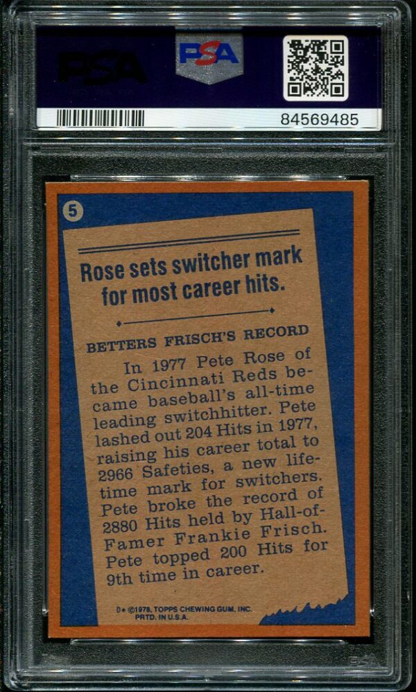 Authentic 1978 Topps #5 Pete Rose PSA 10 Baseball Card