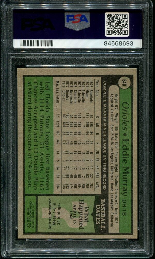 Authentic 1979 Topps #640 Eddie Murray PSA 8 Baseball Card