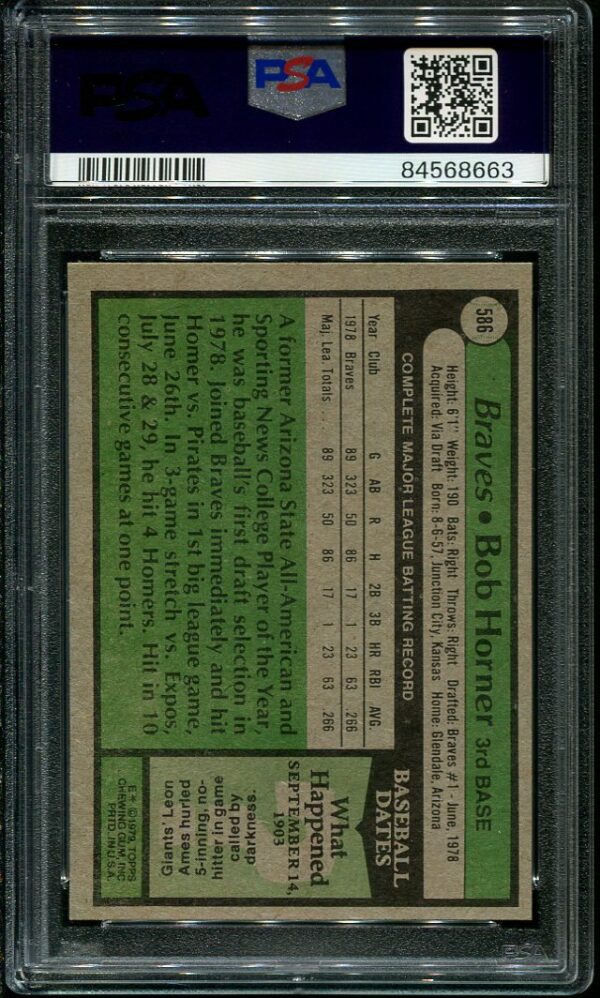 Authentic 1979 Topps #586 Bob Horner Rookie PSA 9 Baseball Card