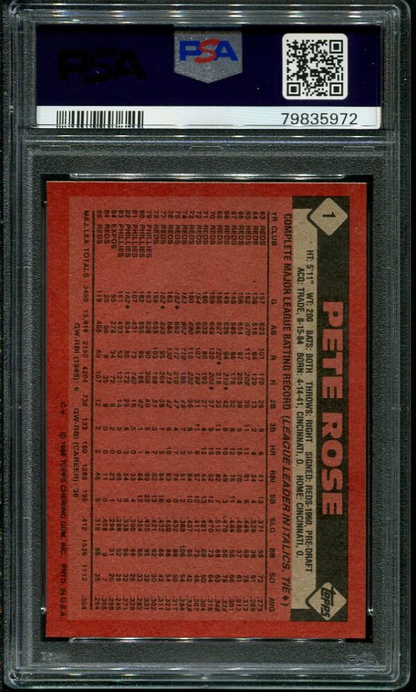 Authentic 1986 Topps #1 Pete Rose PSA 7 Baseball Card