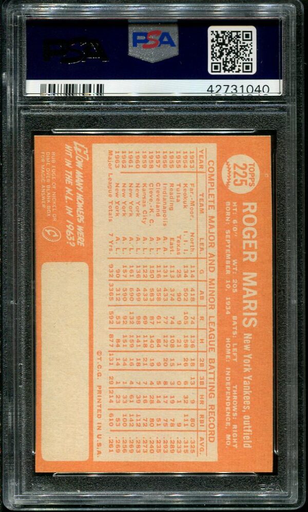 Authentic 1964 Topps #225 Roger Maris PSA 8 Baseball Card