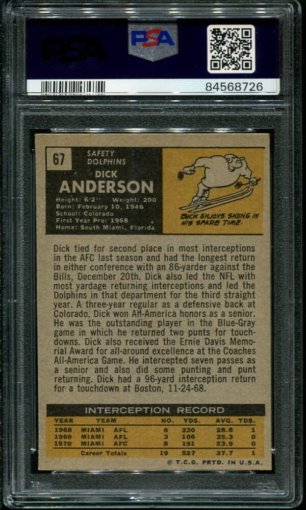 Authentic 1971 Topps #67 Dick Anderson PSA 7 Football Card