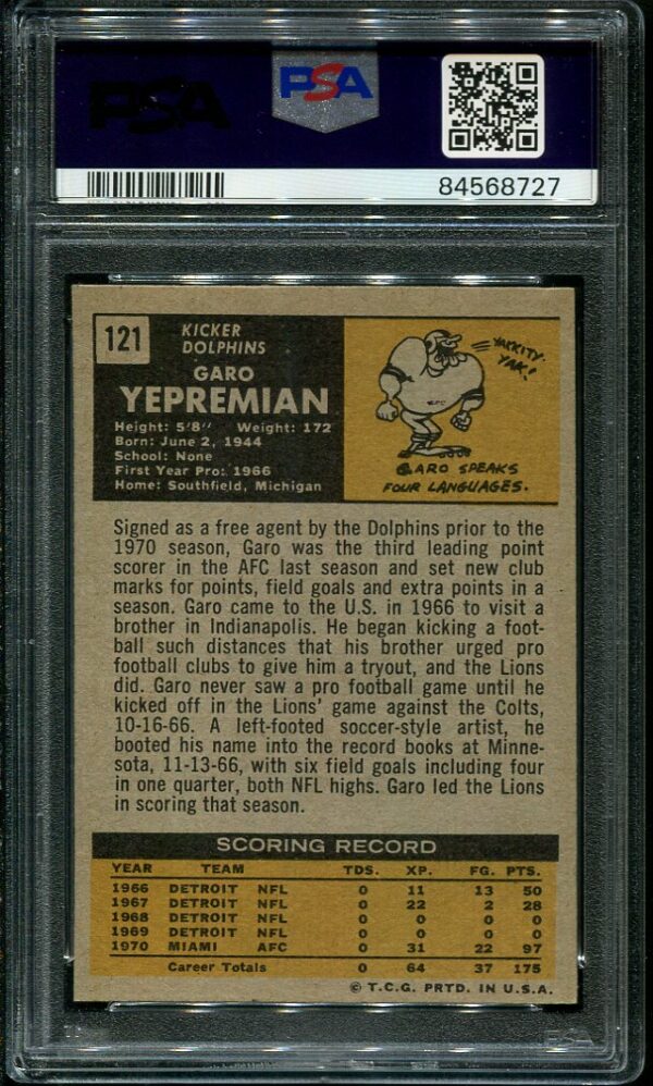 uthentic 1971 Topps #121 Garo Yepremian PSA 6 Rookie Football Card