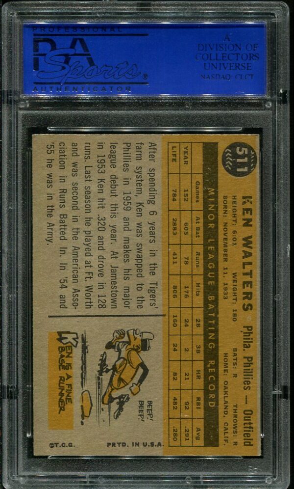 Authentic 1960 Topps #511 Ken Walters PSA 7 Baseball Card