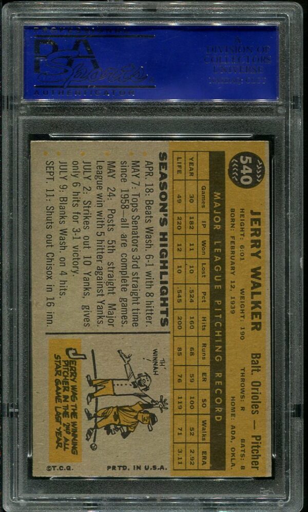 Authentic 1960 Topps #540 Jerry Walker PSA 7 Baseball Card